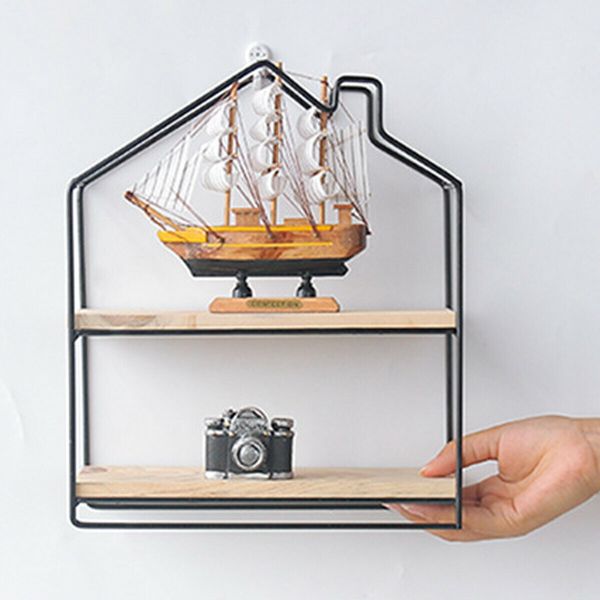 Storage Shelf Wall Hanging Double Layer Wooden Rack Metal Wire Floating ShelvesBlack