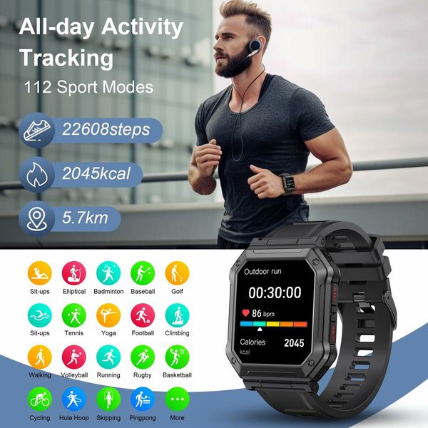 Smart Watch for Men Fitness Tracker Make/Answer Call Bluetooth Tactical Military Smartwatch for Android Phones iPhone Outdoor Waterproof Digital Sport Run Watches Heart Rate Monitor Step Counter (Black)