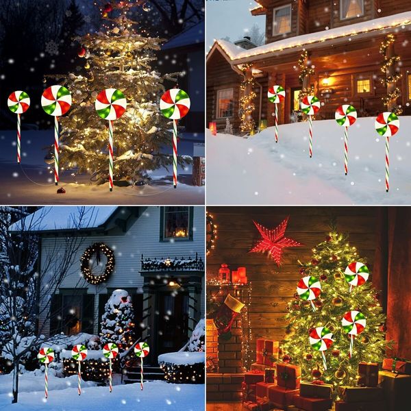 Christmas Solar Lollipop Path Lights with 8 Flashing Lighting Modes Candy Cane Waterproof Indoor Outdoor Pathway Lights for Christmas Garden Walkway Decoration (Red White Green)