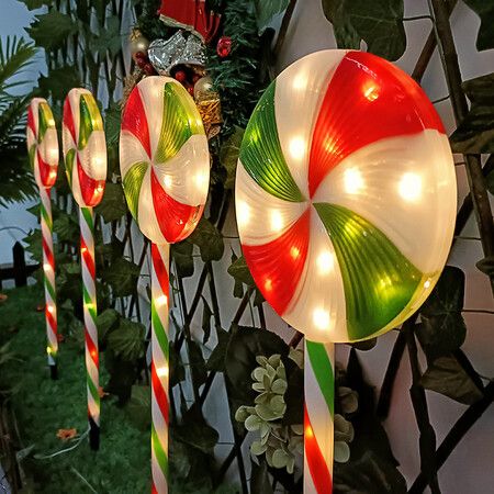 Christmas Solar Lollipop Path Lights with 8 Flashing Lighting Modes Candy Cane Waterproof Indoor Outdoor Pathway Lights for Christmas Garden Walkway Decoration (Red White Green)