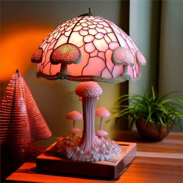 Stained Glass Mushroom Table Lamp, Plant Series Night Light, Art Decor for Bedroom, Living Room, Home Office, Unique Gift Idea