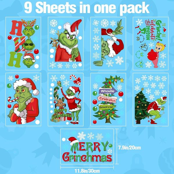 9 Sheets Grinch Christmas Decorations Window Clings, 102pcs Christmas Window Stickers for  Home School