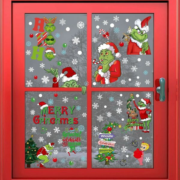 9 Sheets Grinch Christmas Decorations Window Clings, 102pcs Christmas Window Stickers for  Home School