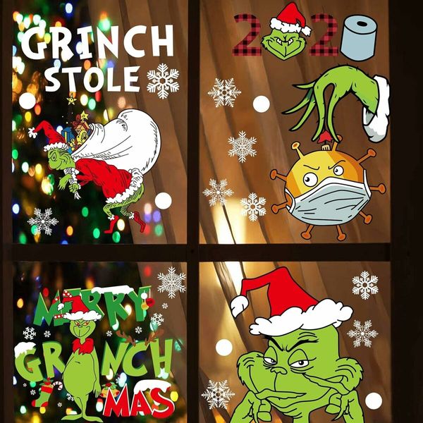 Grinch Window Clings Christmas Decals, 9 Sheet Grinch Window Decorations Double-Side Grinch Snowflakes Sticker for Office Home