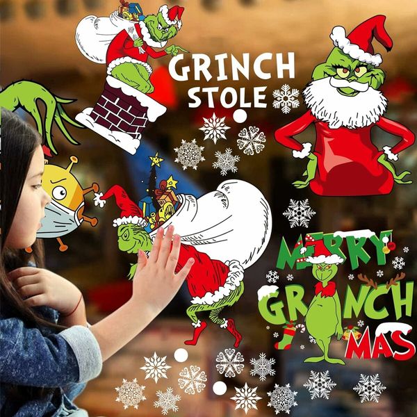 Grinch Window Clings Christmas Decals, 9 Sheet Grinch Window Decorations Double-Side Grinch Snowflakes Sticker for Office Home