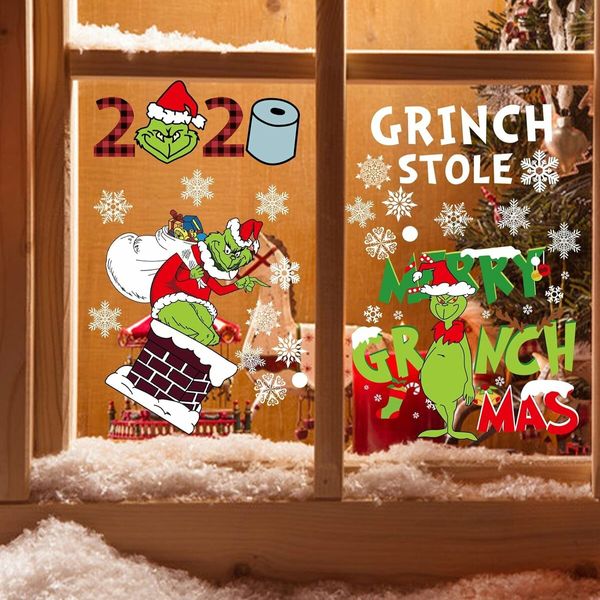 Grinch Window Clings Christmas Decals, 9 Sheet Grinch Window Decorations Double-Side Grinch Snowflakes Sticker for Office Home