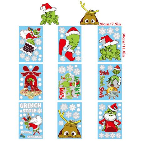 Grinch Window Clings Christmas Decals, 9 Sheet Grinch Window Decorations Double-Side Grinch Snowflakes Sticker for Office Home