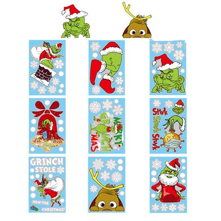 Grinch Window Clings Christmas Decals, 9 Sheet Grinch Window Decorations Double-Side Grinch Snowflakes Sticker for Office Home