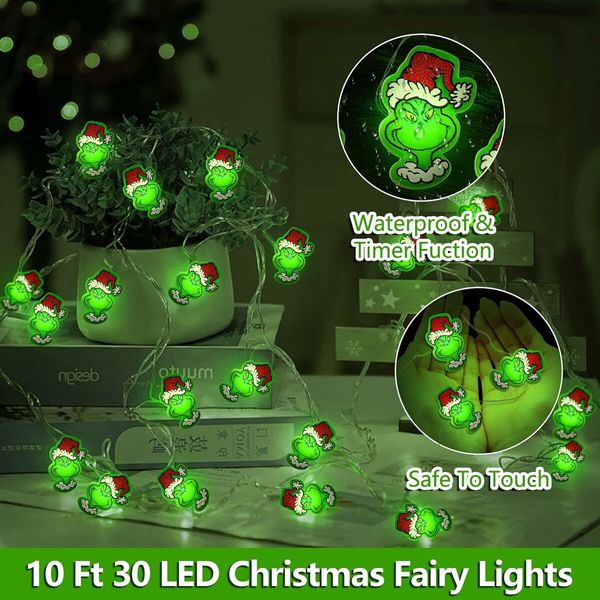 3M 30 LED Battery Operated Grinch Christmas Lights with Timer Green Christmas String Lights Indoor Christmas Decor