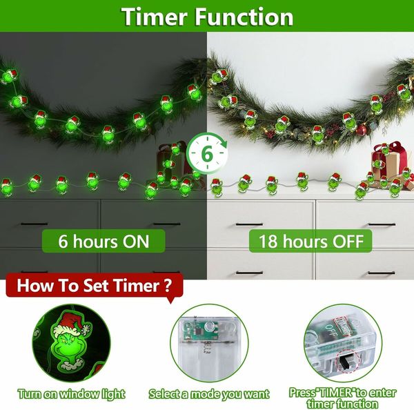 3M 30 LED Battery Operated Grinch Christmas Lights with Timer Green Christmas String Lights Indoor Christmas Decor