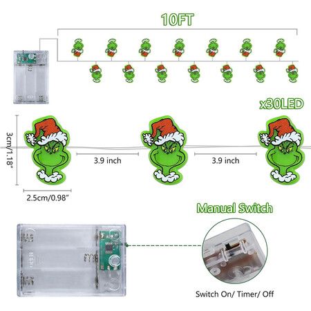 3M 30 LED Battery Operated Grinch Christmas Lights with Timer Green Christmas String Lights Indoor Christmas Decor