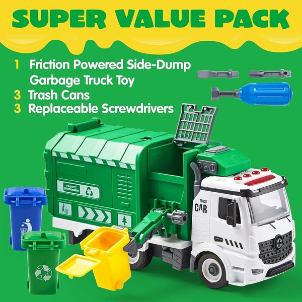 Recycling Garbage Truck Toy, Kids DIY Assembly Friction Powered Side-Dump Garbage Toy for Age3+(Orange)