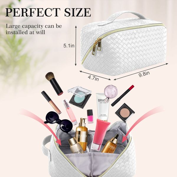 Large Capacity Travel Cosmetic Bag - Makeup Bag, Portable Leather Waterproof Women Organizer, with Handle and Divider Flat Lay Bags (White)