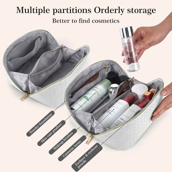 Large Capacity Travel Cosmetic Bag - Makeup Bag, Portable Leather Waterproof Women Organizer, with Handle and Divider Flat Lay Bags (White)