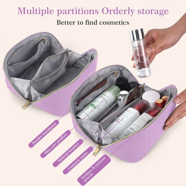 Large Capacity Travel Cosmetic Bag - Makeup Bag, Portable Leather Waterproof Women Organizer, with Handle and Divider Flat Lay Bags (Purple)