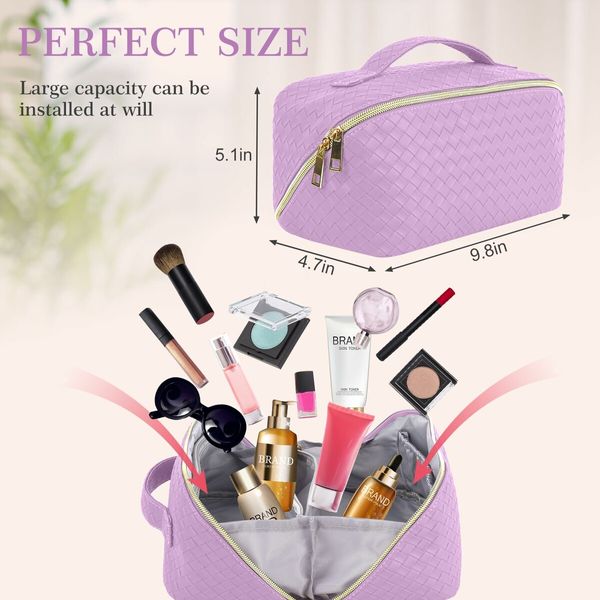 Large Capacity Travel Cosmetic Bag - Makeup Bag, Portable Leather Waterproof Women Organizer, with Handle and Divider Flat Lay Bags (Purple)