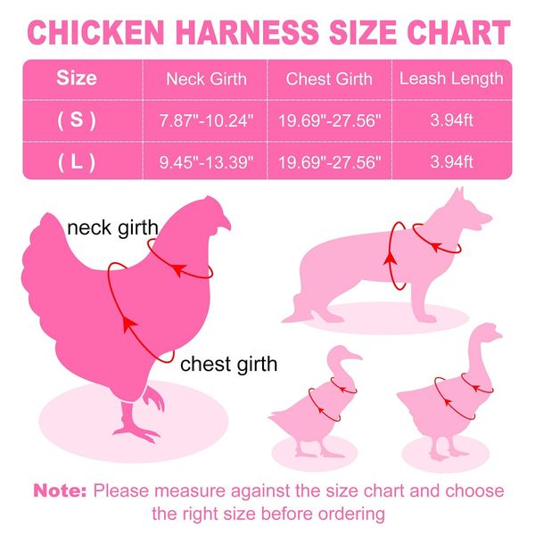 Chicken Harness with Leash,Upgraded Double Adjustment Chicken Harness and Leash Set for Hens,Duck,Goose,Small Pet (Pink,L)