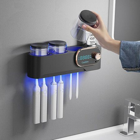 Toothbrush Holder Wall Mounted for Bathroom Automatic Toothpaste Dispenser Kit with 3 Cups Kids & Family Set Toothbrush Holders Storage Rack-Black