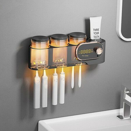 Toothbrush Holder Wall Mounted for Bathroom Automatic Toothpaste Dispenser Kit with 3 Cups Kids & Family Set Toothbrush Holders Storage Rack-Black