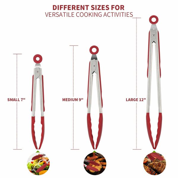 Kitchen Tongs 7/9/12 inches Cooking Tongs Heat-Resistant Silicone Tips Stainless Steel Handle  for Grill, Salad, BBQ, Frying, Serving, Pack of 3(Red)