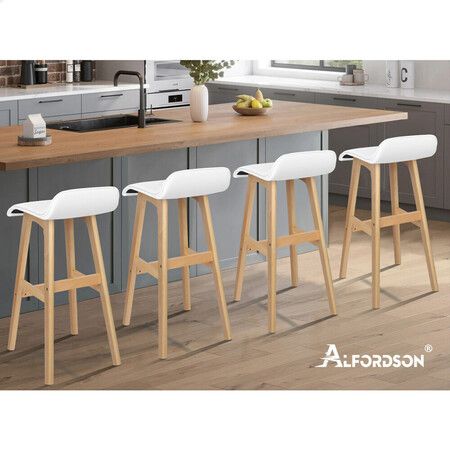 ALFORDSON 4x Wooden Bar Stools Kitchen Dining Chair Leather Samuel WHITE