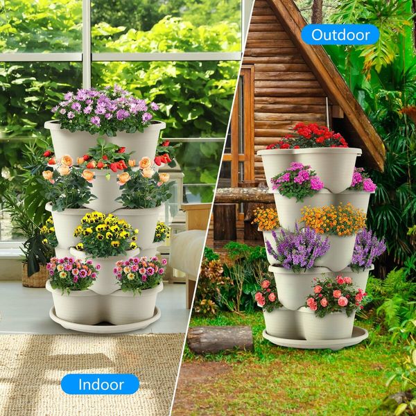 Vertical Garden Planter 5 Tier Indoor Outdoor Plant Flower Plastic Pot Stand Holder Containers Strawberry Herb Vegetable Succulent Planting Tower