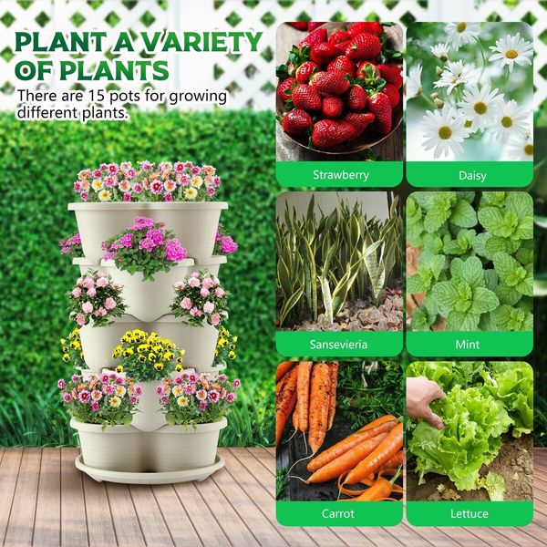 Vertical Garden Planter 5 Tier Indoor Outdoor Plant Flower Plastic Pot Stand Holder Containers Strawberry Herb Vegetable Succulent Planting Tower