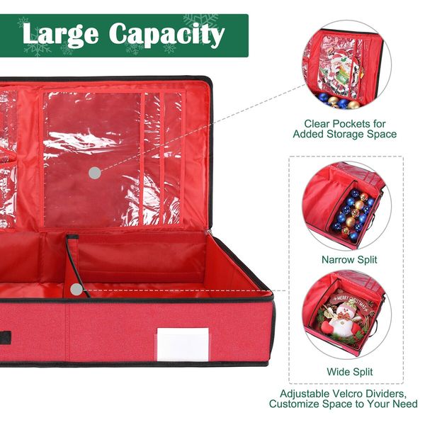 Red Storage Container for Bows, Ribbons and Wrapping Paper, Water-Resistant Christmas Gift Wrap Organizer with Interior Pockets,600D Oxford Fabric