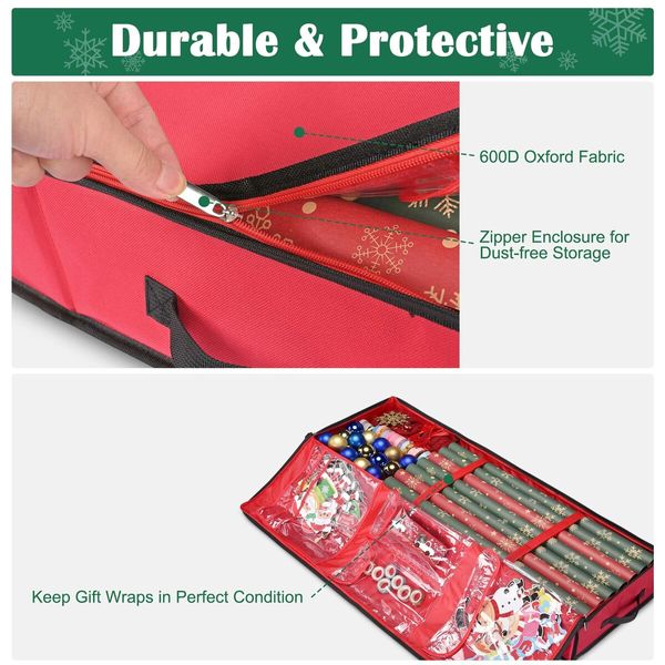 Red Storage Container for Bows, Ribbons and Wrapping Paper, Water-Resistant Christmas Gift Wrap Organizer with Interior Pockets,600D Oxford Fabric