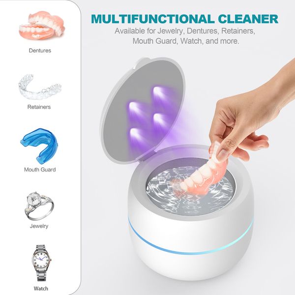 Ultrasonic Cleaner UV dental Aligner Retainer, Whitening Trays, Night Dental Mouth Guard, Jewelry Cleaner Toothbrush Head, Diamonds,Rings