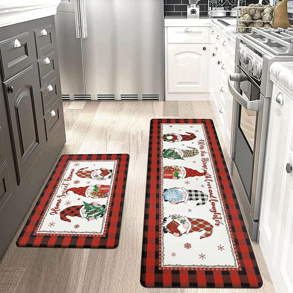 Christmas Kitchen Rug Set of 2 Non Slip Buffalo Plaid Gnomes Anti Fatigue Kitchen Rugs Floor Carpet Set for Winter Xmas Holiday Kitchen Decor