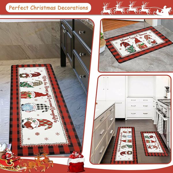 Christmas Kitchen Rug Set of 2 Non Slip Buffalo Plaid Gnomes Anti Fatigue Kitchen Rugs Floor Carpet Set for Winter Xmas Holiday Kitchen Decor