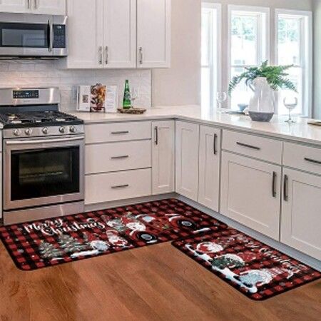 Christmas Kitchen Rug Set of 2 Non Slip Buffalo Plaid Gnomes  Anti Fatigue Kitchen Rugs Floor Carpet Set for Winter Xmas Holiday Kitchen Decor