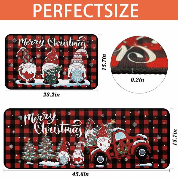 Christmas Kitchen Rug Set of 2 Non Slip Buffalo Plaid Gnomes  Anti Fatigue Kitchen Rugs Floor Carpet Set for Winter Xmas Holiday Kitchen Decor