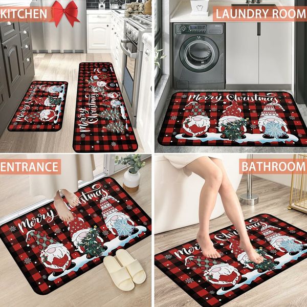 Christmas Kitchen Rug Set of 2 Non Slip Buffalo Plaid Gnomes  Anti Fatigue Kitchen Rugs Floor Carpet Set for Winter Xmas Holiday Kitchen Decor