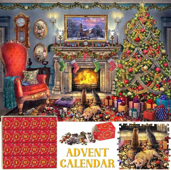 Christmas Puzzle - Festive Fireplace in Warm Christmas Puzzle, 24 Pieces, 1008 Piece Jigsaw Puzzles for Adults and Kids, Countdown to Christmas, Gift