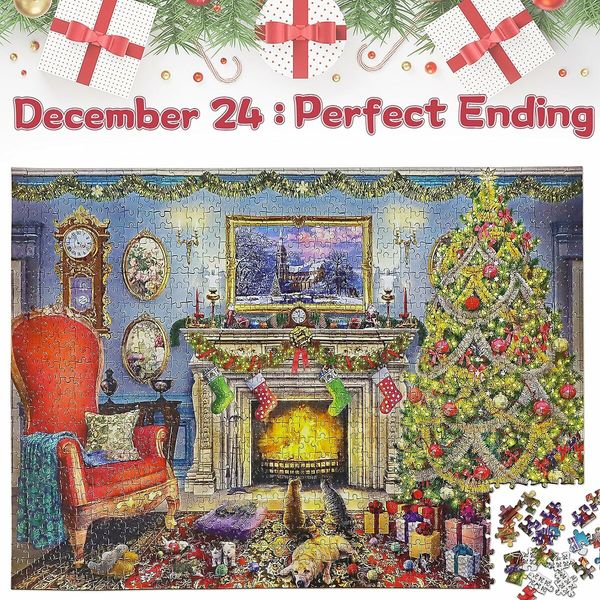 Christmas Puzzle - Festive Fireplace in Warm Christmas Puzzle, 24 Pieces, 1008 Piece Jigsaw Puzzles for Adults and Kids, Countdown to Christmas, Gift