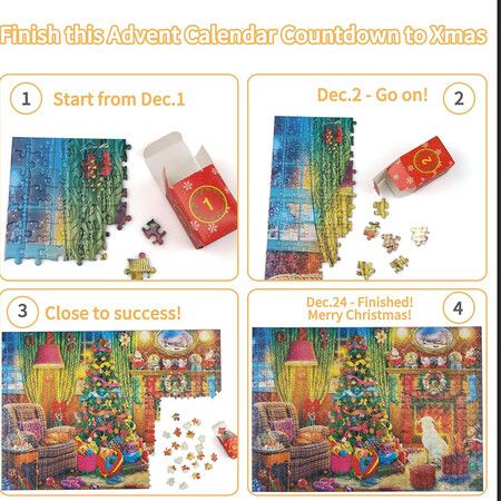 2023 Christmas Jigsaw Puzzles- Christmas by the Fireplace Holiday Puzzles for Adults Kids, 24 Parts 1008 Pieces Jigsaw Puzzles Gift for Countdown to Christmas