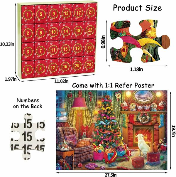 2023 Christmas Jigsaw Puzzles- Christmas by the Fireplace Holiday Puzzles for Adults Kids, 24 Parts 1008 Pieces Jigsaw Puzzles Gift for Countdown to Christmas