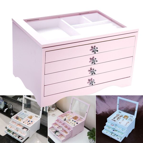 Large Wooden Jewelry Box Drawer Case Necklace Bracelet Ring Display Organizer Multifuctional Storagewhite