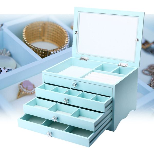 Large Wooden Jewelry Box Drawer Case Necklace Bracelet Ring Display Organizer Multifuctional Storagewhite