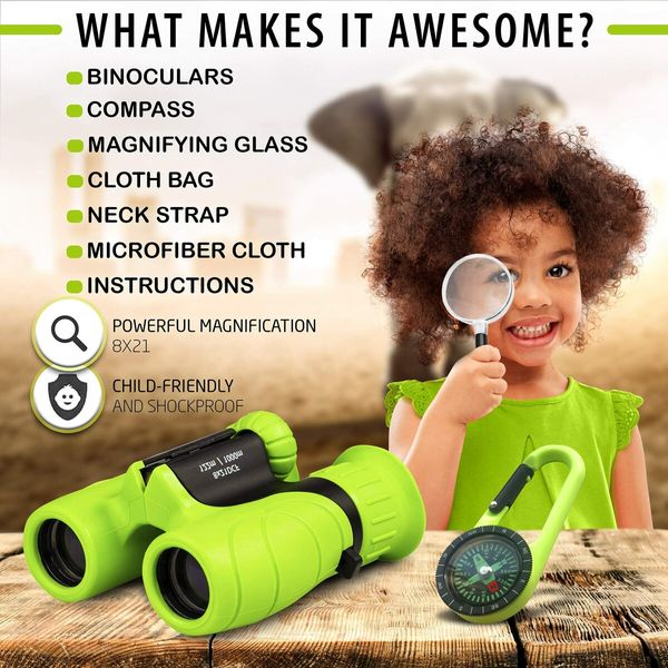 8*21 Magnification Binoculars for Kids, Set with Magnifying Glass And Compass Christmas Toys for Kids(Green)