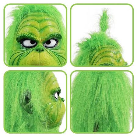 Grinch Mask & Gloves Cosplay Set Green Monster Costume Accessories for Adult Christmas and Halloween Events