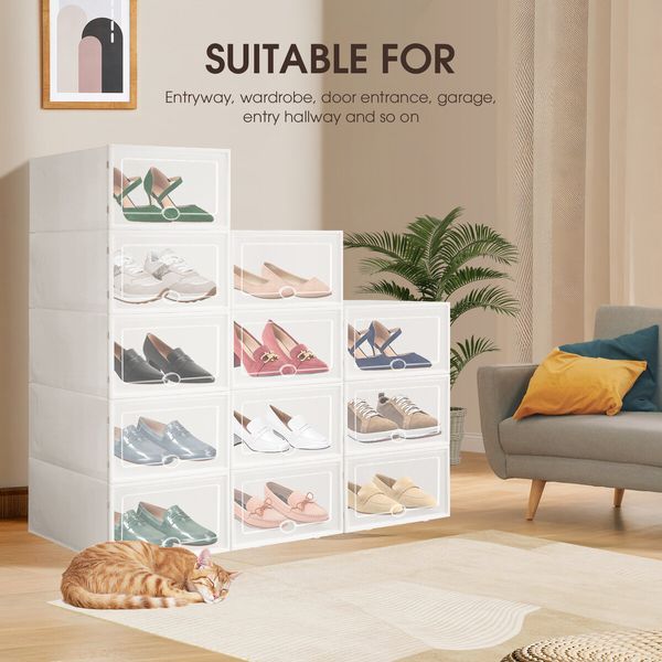 12PCS Plastic Shoe Boxes Stackable Organiser Large Storage Containers Drawers Sneaker Display Cases Bins Organizer Holder Unit with Clear Door