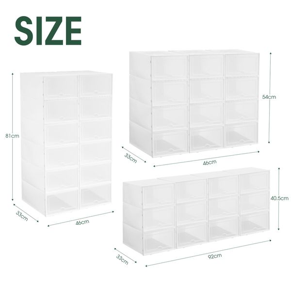 12PCS Plastic Shoe Boxes Stackable Organiser Large Storage Containers Drawers Sneaker Display Cases Bins Organizer Holder Unit with Clear Door