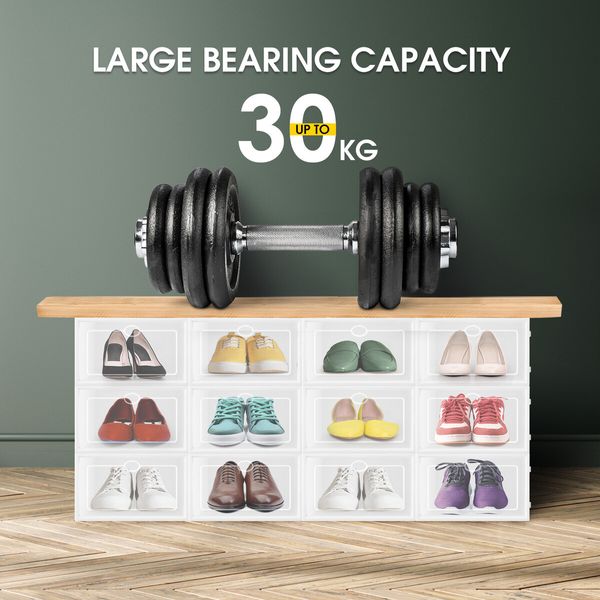 12PCS Plastic Shoe Boxes Stackable Organiser Large Storage Containers Drawers Sneaker Display Cases Bins Organizer Holder Unit with Clear Door