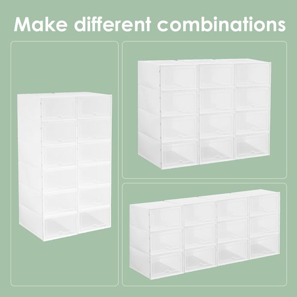 12PCS Plastic Shoe Boxes Stackable Organiser Large Storage Containers Drawers Sneaker Display Cases Bins Organizer Holder Unit with Clear Door