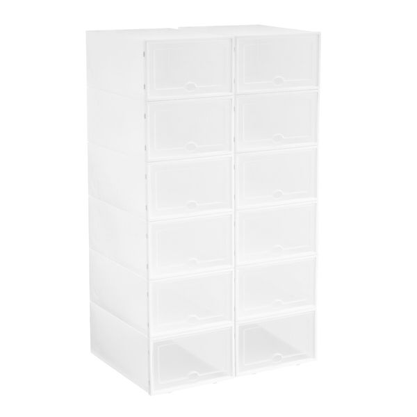 12PCS Plastic Shoe Boxes Stackable Organiser Large Storage Containers Drawers Sneaker Display Cases Bins Organizer Holder Unit with Clear Door