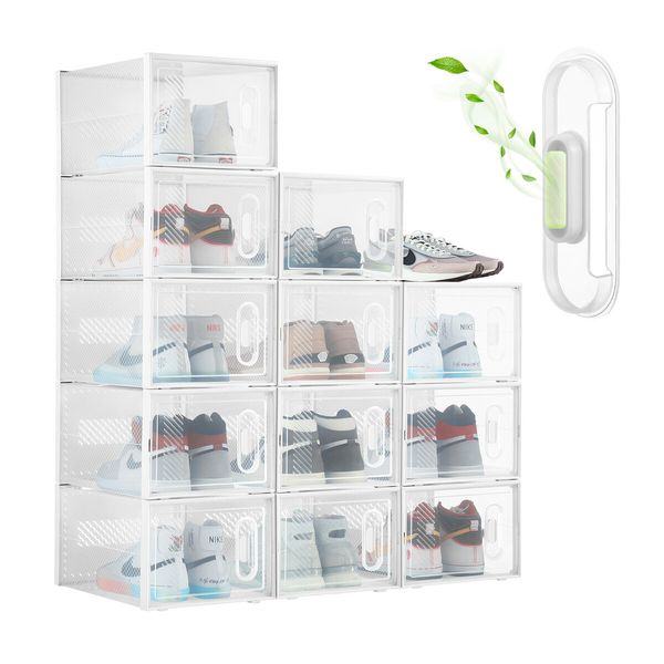 12PCS Plastic Shoe Boxes Clear Stackable Organiser Transparent Storage Containers Sneaker Display Cases Bins Holder Organizer Unit