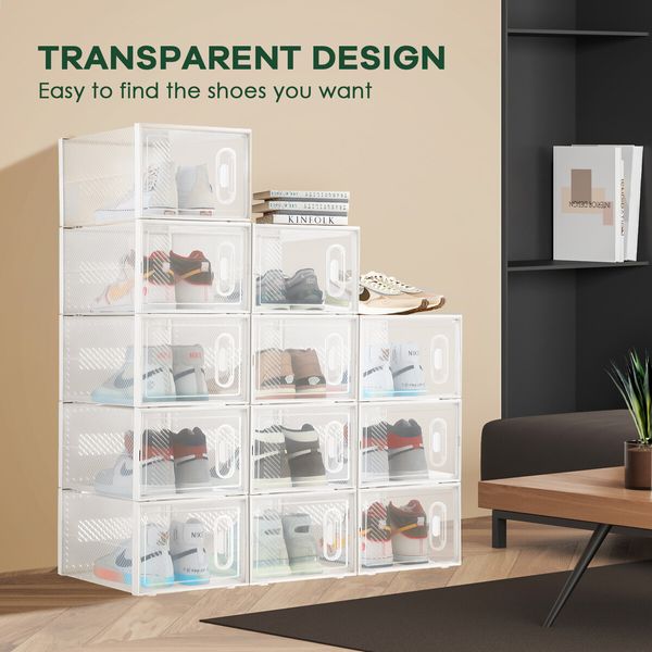 12PCS Plastic Shoe Boxes Clear Stackable Organiser Transparent Storage Containers Sneaker Display Cases Bins Holder Organizer Unit